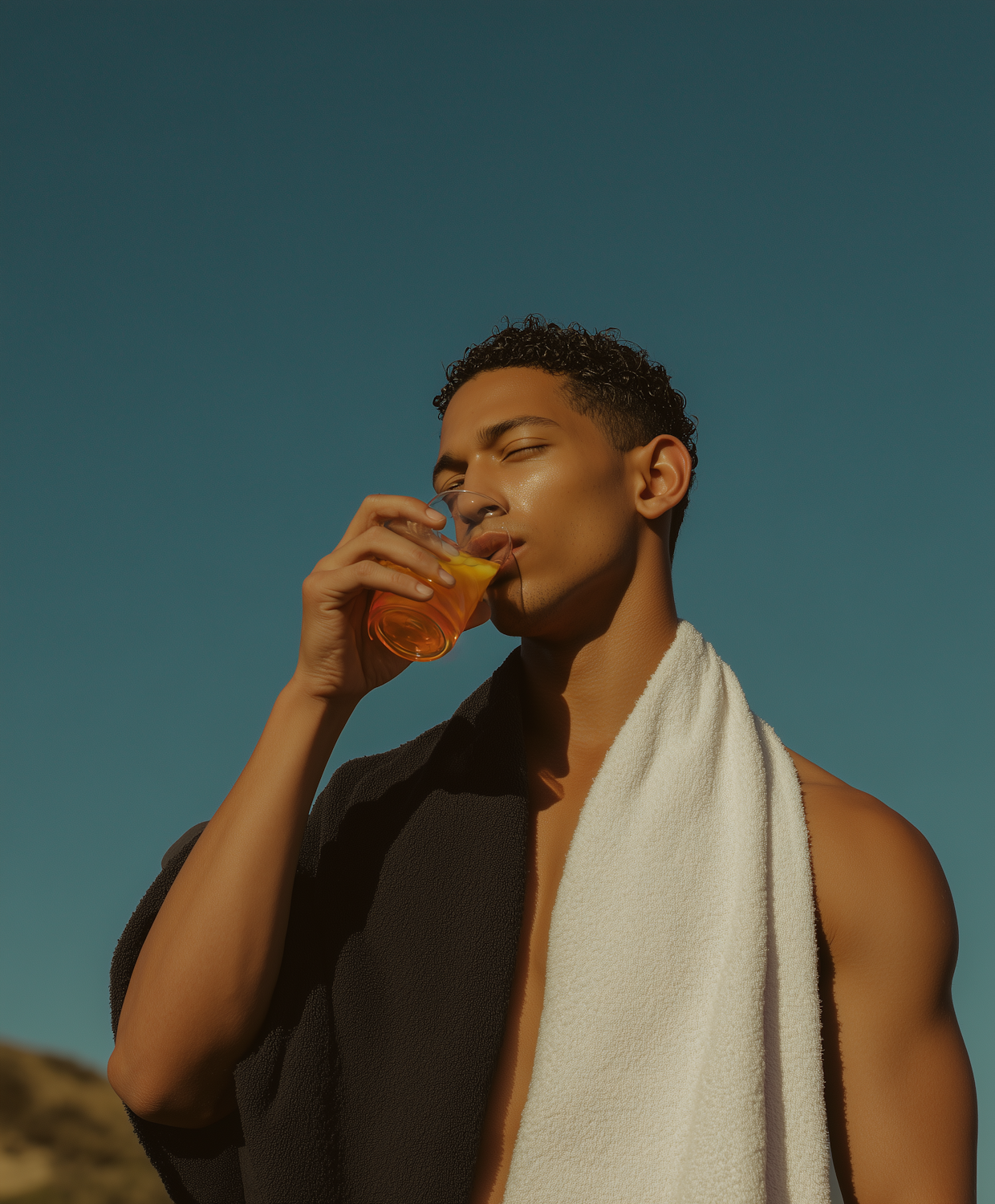A man taking an iron supplement with a glass of orange juice, demonstrating the recommended practice to boost iron absorption.