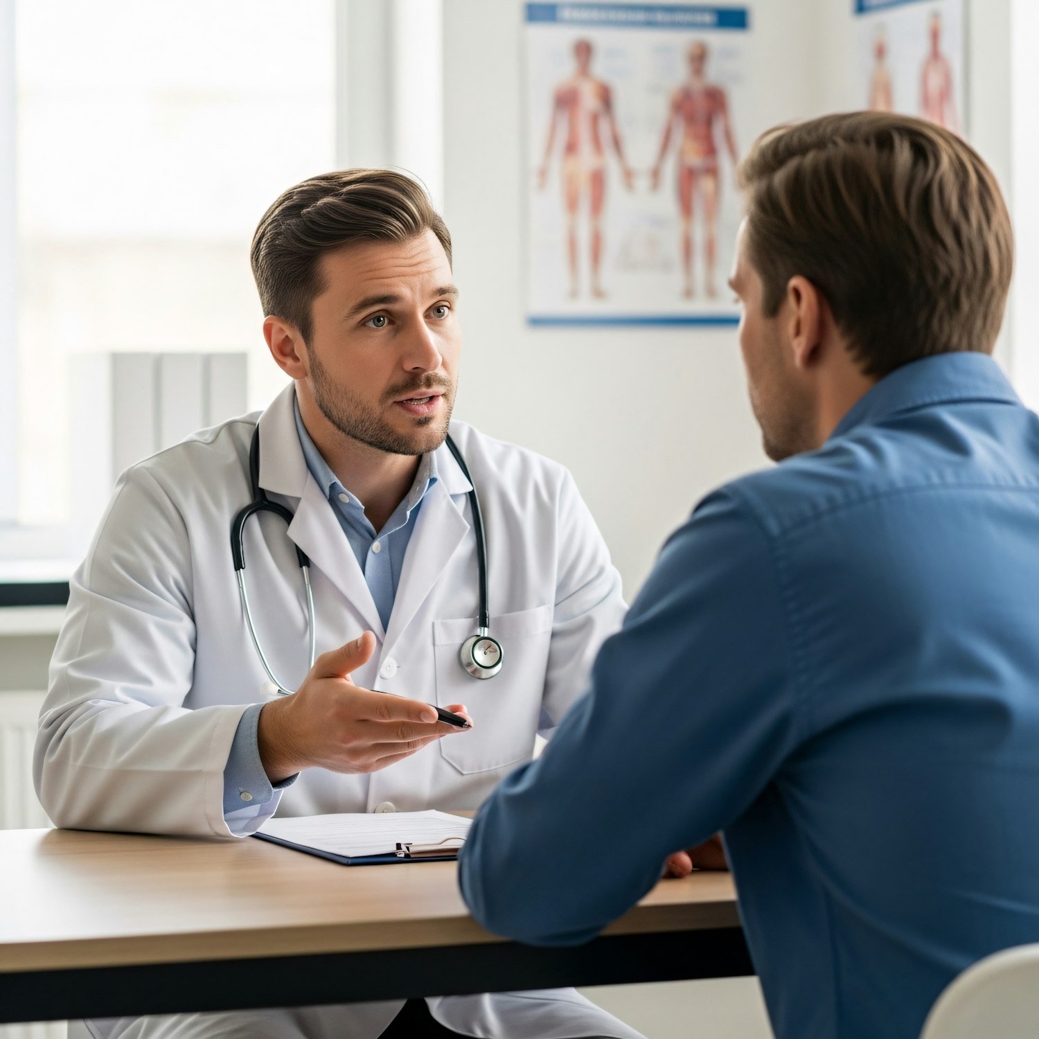 A male patient discussing blood test results with a doctor, emphasizing the importance of medical consultation for iron supplementation.