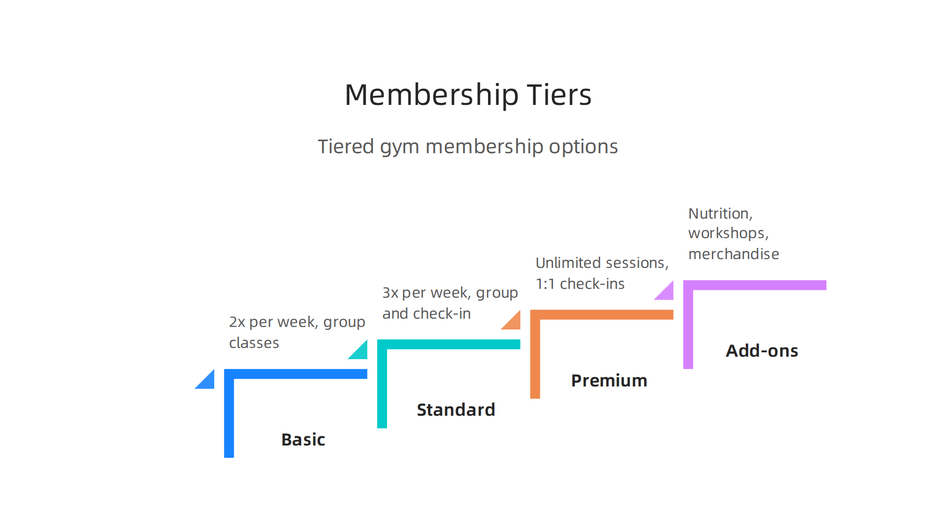 An infographic outlining a tiered membership structure for a gym, including basic group classes, premium 1:1 check-ins, and optional add-on services.