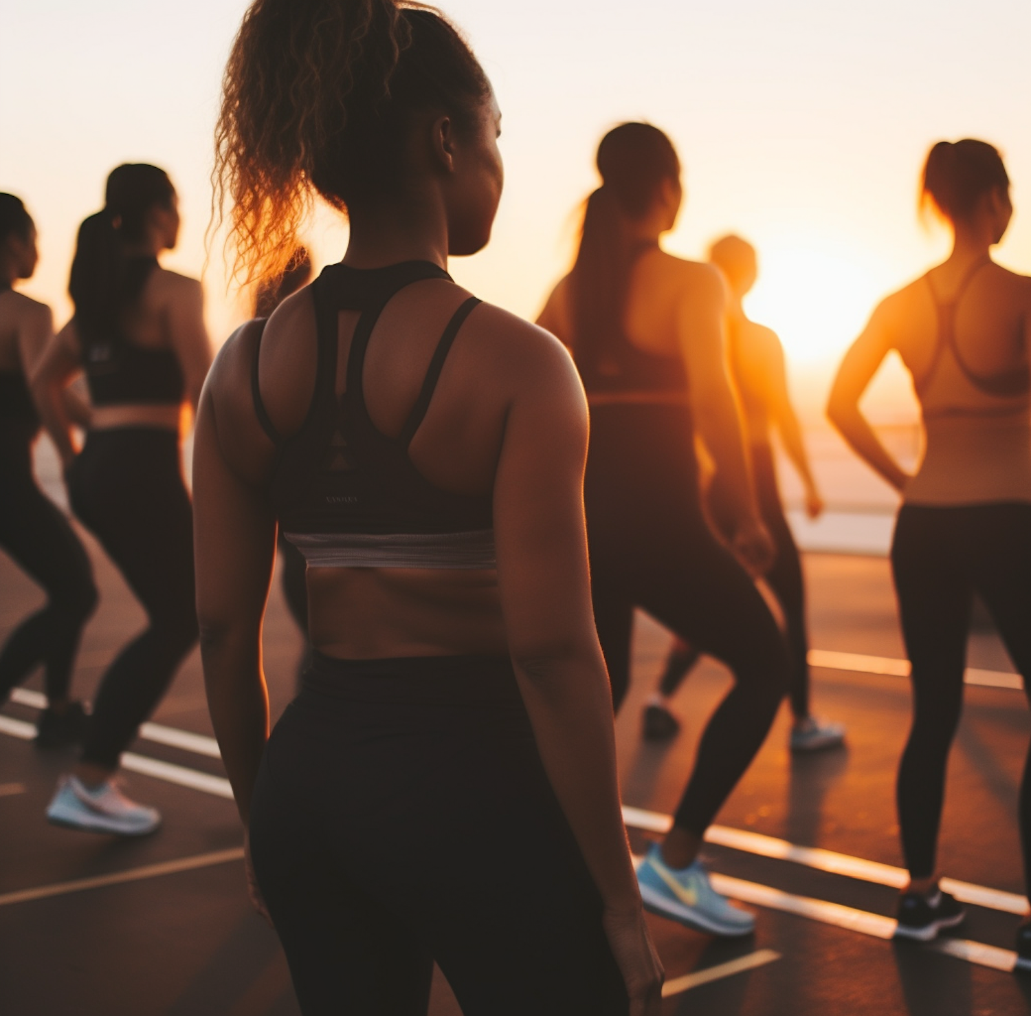 A small group of individuals actively participating in a dynamic fitness class led by a trainer, showcasing the high-value, coach-led experience of a boutique studio.