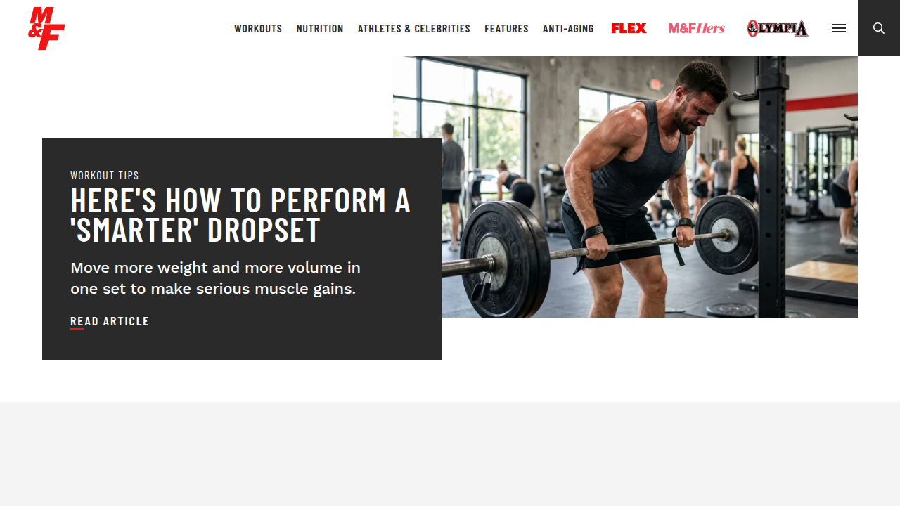 The homepage of Muscle & Fitness, a well-known resource for workout tips and fitness information, referenced for its stance on high-rep training.