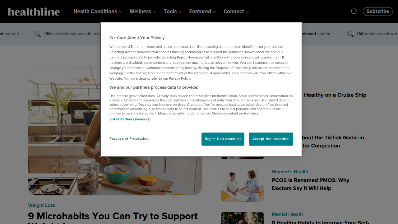 The homepage of Healthline, a trusted online health information source, providing guides on nutrition and diet, including for visible abs.