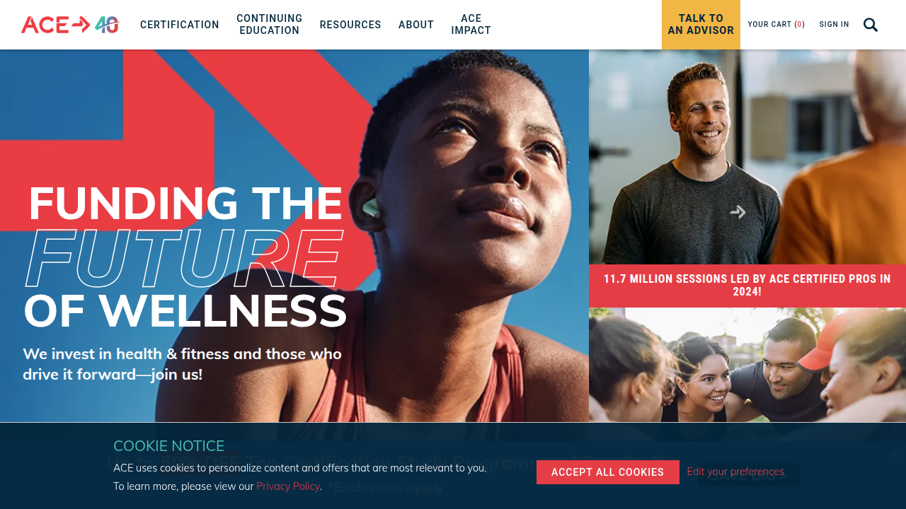 The homepage for ACE Fitness, an organization known for its research and certifications in fitness, including studies on the effectiveness of ab training tools.