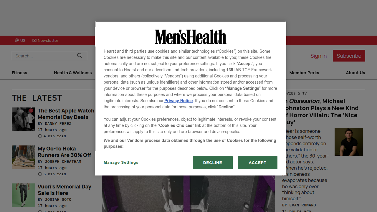 The homepage of Men's Health magazine, a publication covering fitness, nutrition, and health topics, including equipment reviews.