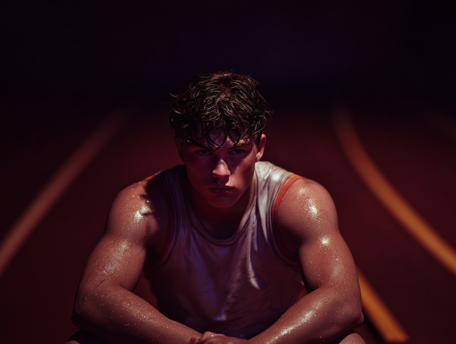 An athlete grimaces while stretching or trying to move, conveying the familiar feeling of delayed-onset muscle soreness after a strenuous workout.