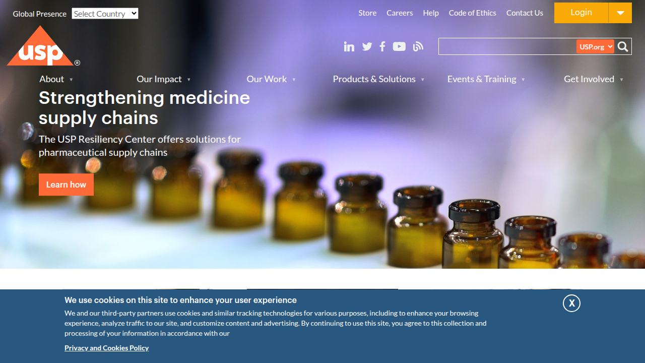 The official U.S. Pharmacopeia (USP) website, highlighting its role in setting quality standards for medicines and dietary supplements to ensure product integrity.