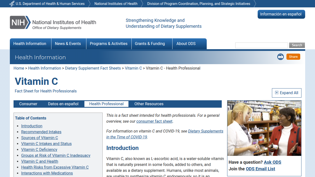 Screenshot of the NIH Office of Dietary Supplements' professional fact sheet on Vitamin C, detailing recommended daily allowances.