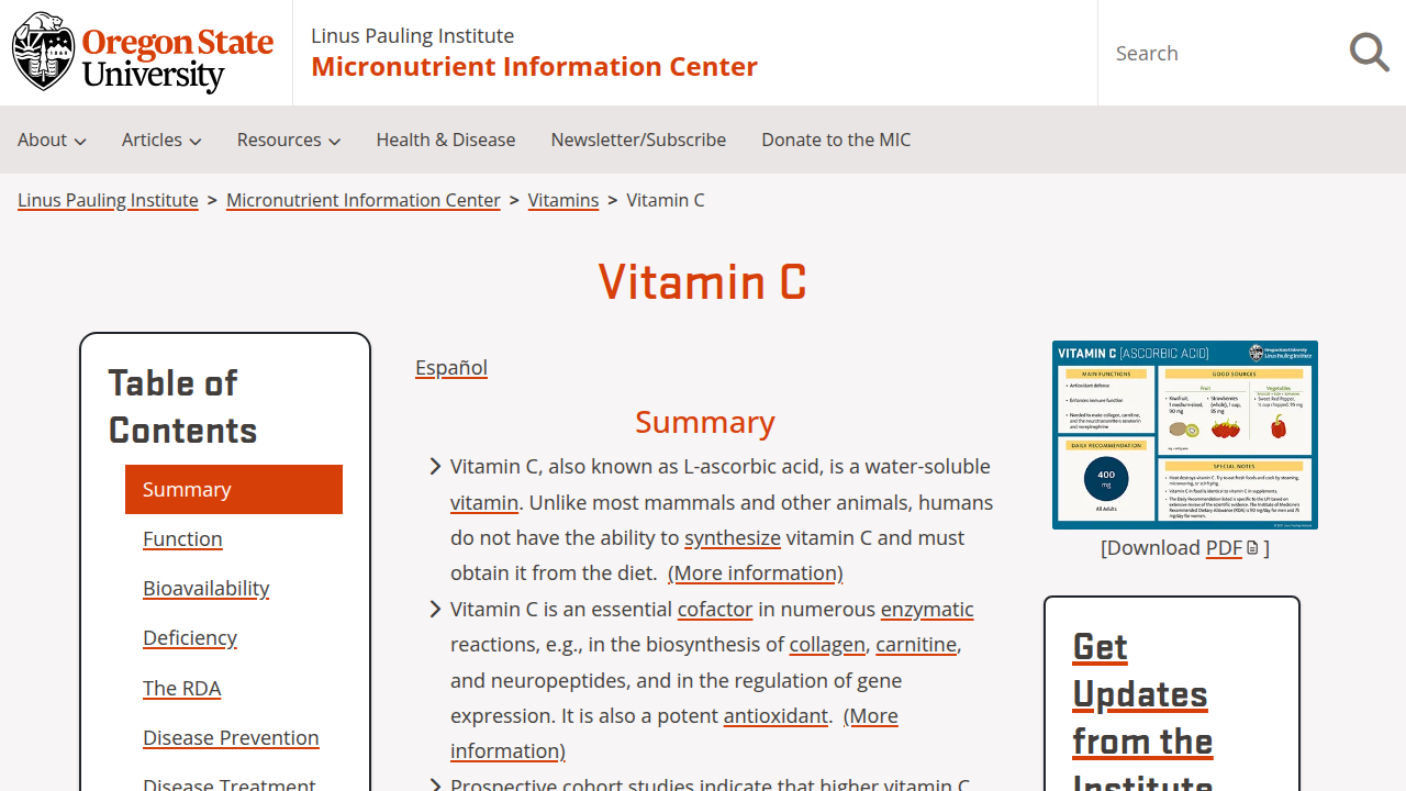 Screenshot of the Linus Pauling Institute's comprehensive webpage on Vitamin C, discussing various supplemental forms and their bioavailability.