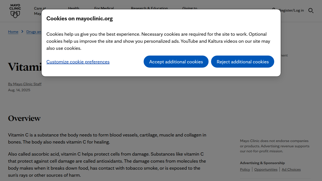 Screenshot from the Mayo Clinic's article on Vitamin C, outlining potential side effects and safety considerations for high doses.