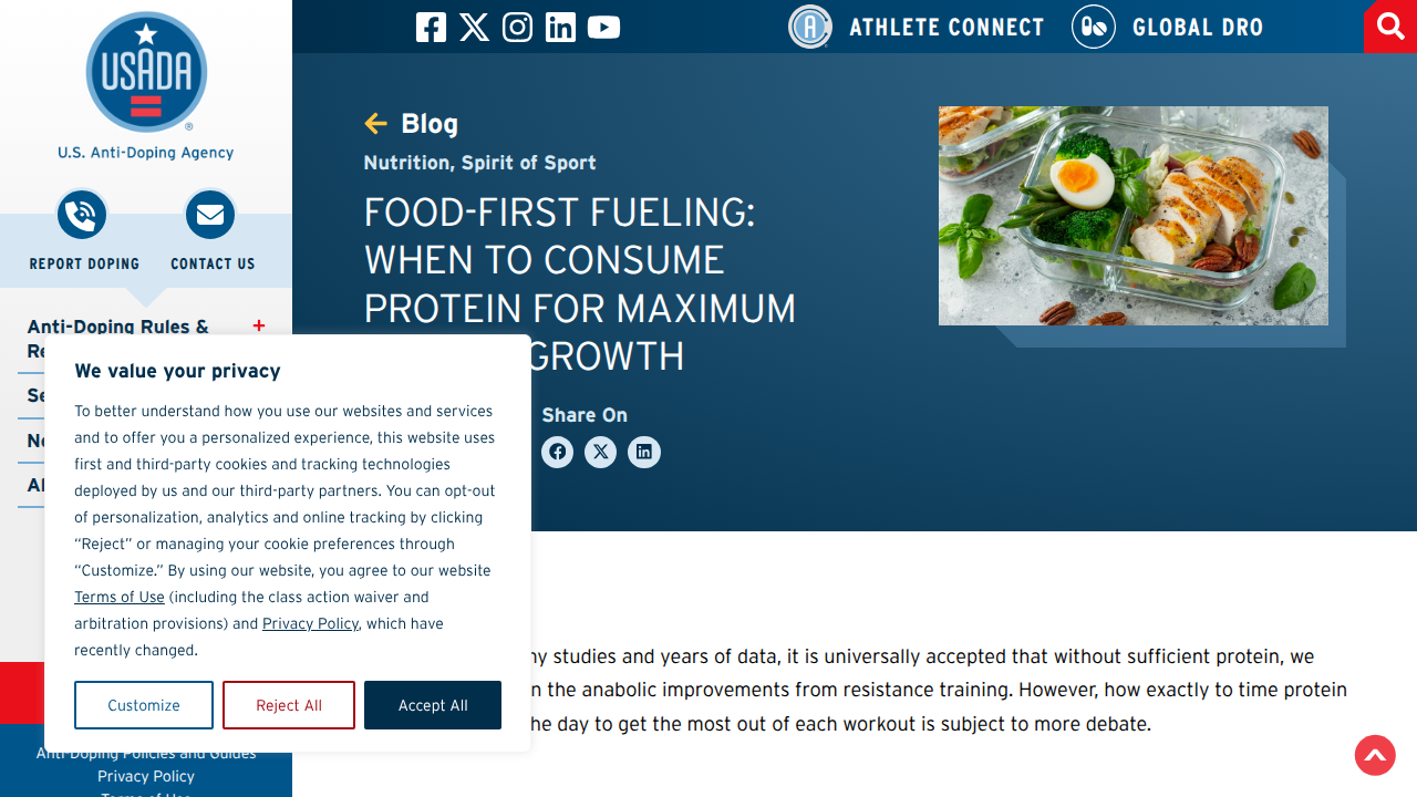 Screenshot of the U.S. Anti-Doping Agency (USADA) webpage providing guidelines on protein consumption for muscle growth.