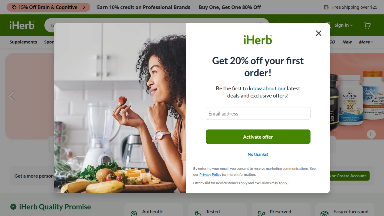 The homepage of iHerb, a major online store where consumers can find a wide range of zinc supplements and other health products.