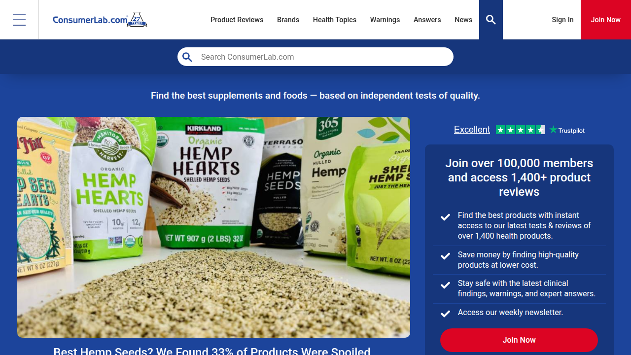 The homepage of ConsumerLab.com, an independent organization that tests and reviews dietary supplements, providing valuable information for informed choices.