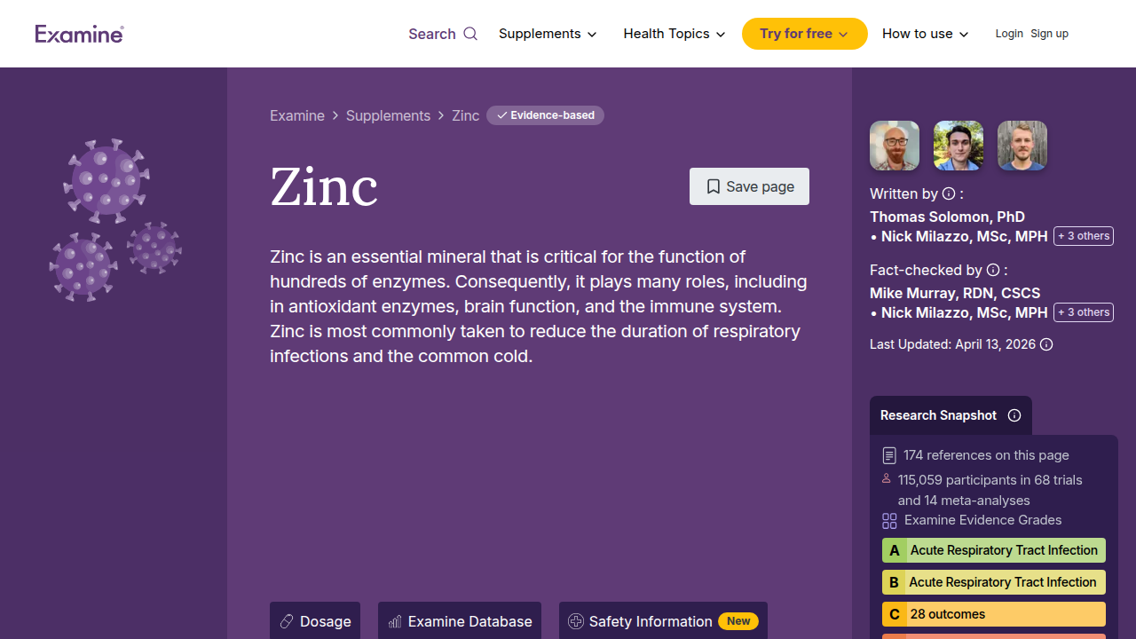 Examine.com's comprehensive guide on zinc supplements, offering science-backed insights into benefits, dosages, and forms.