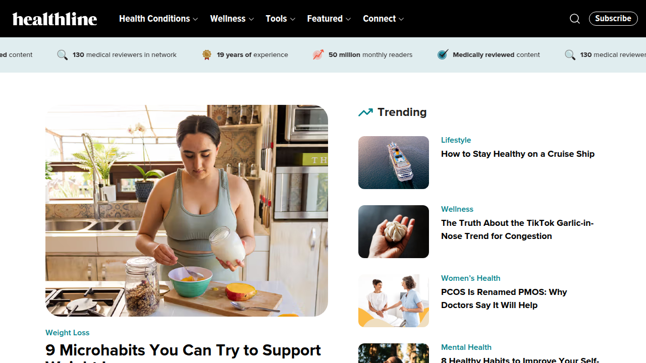 A screenshot of the Healthline homepage, a popular online resource offering health and wellness content, including recommendations for various supplements like CoQ10.