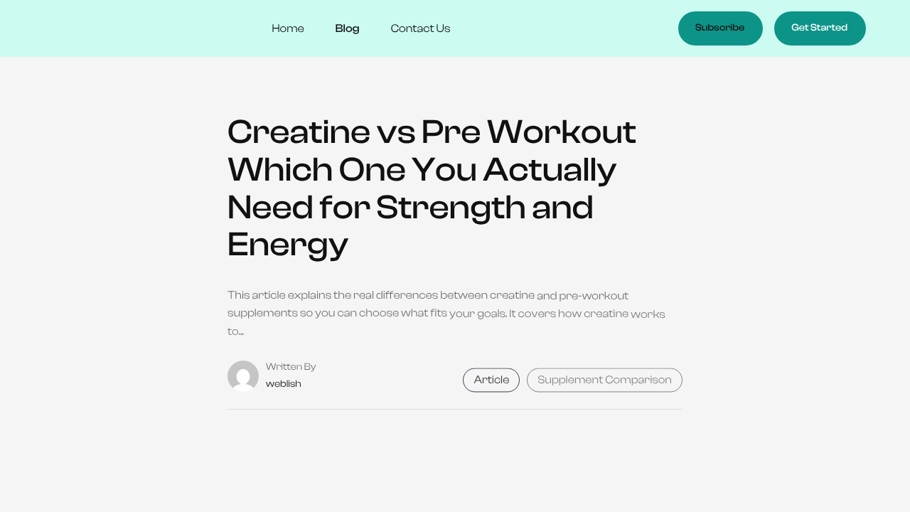A screenshot of the RepCore article comparing creatine and pre-workout supplements for strength and energy.
