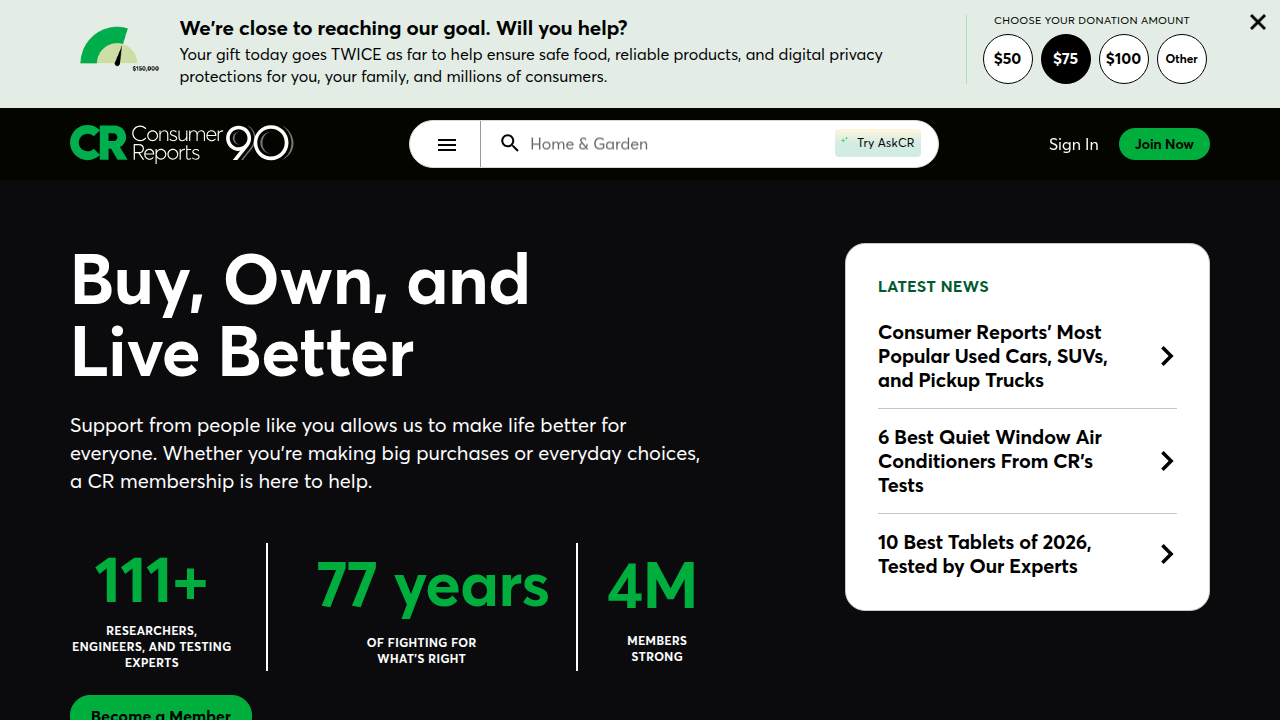 The homepage of Consumer Reports, an organization known for its product reviews and recommendations.