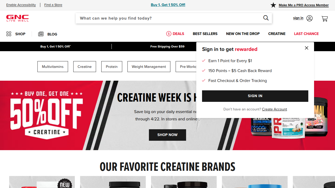 The GNC Health Store homepage showcases the extensive range of products, demonstrating the wide selection available to consumers.