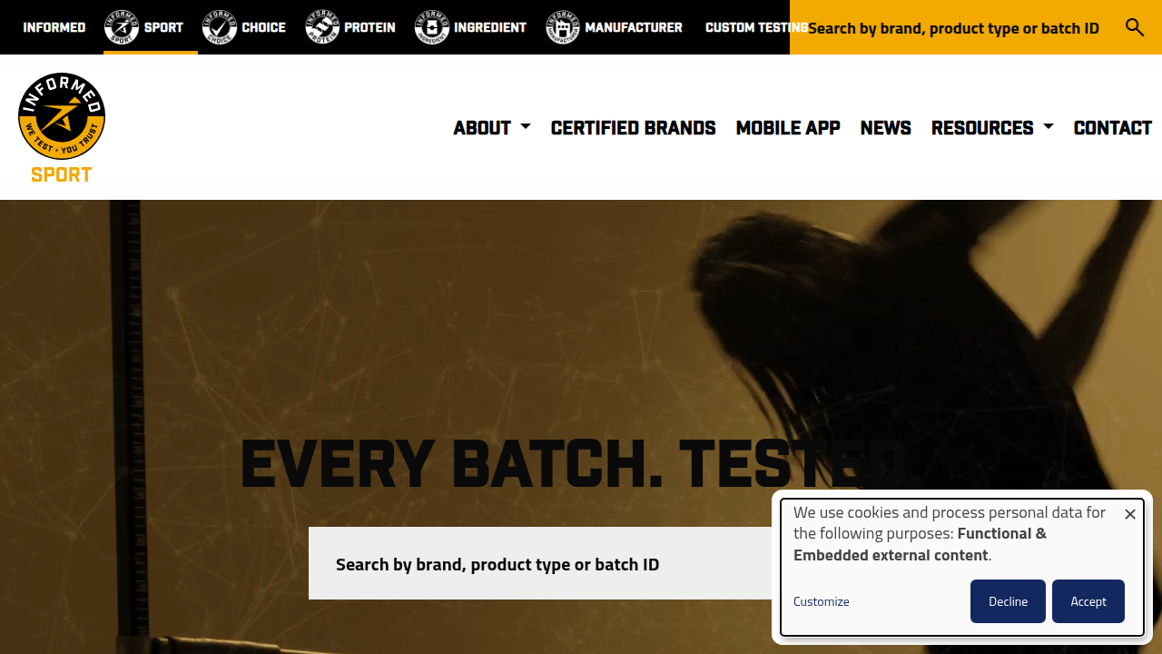 The Informed-Sport website, illustrating its dedication to providing athletes with certified drug-free supplements through rigorous testing.