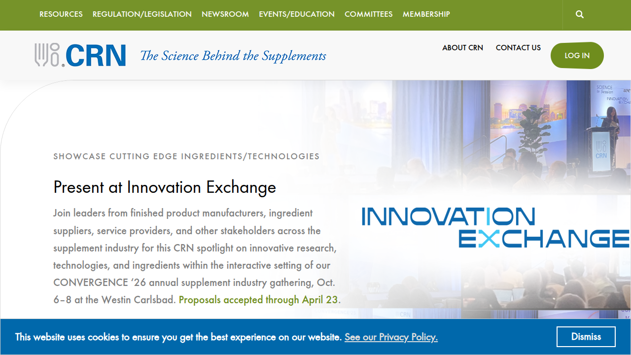 Screenshot of the Council for Responsible Nutrition (CRN) homepage, a resource for supplement industry standards and consumer information.