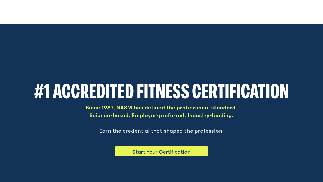 The homepage of NASM.org (National Academy of Sports Medicine), a leading organization for fitness certifications and professional development.