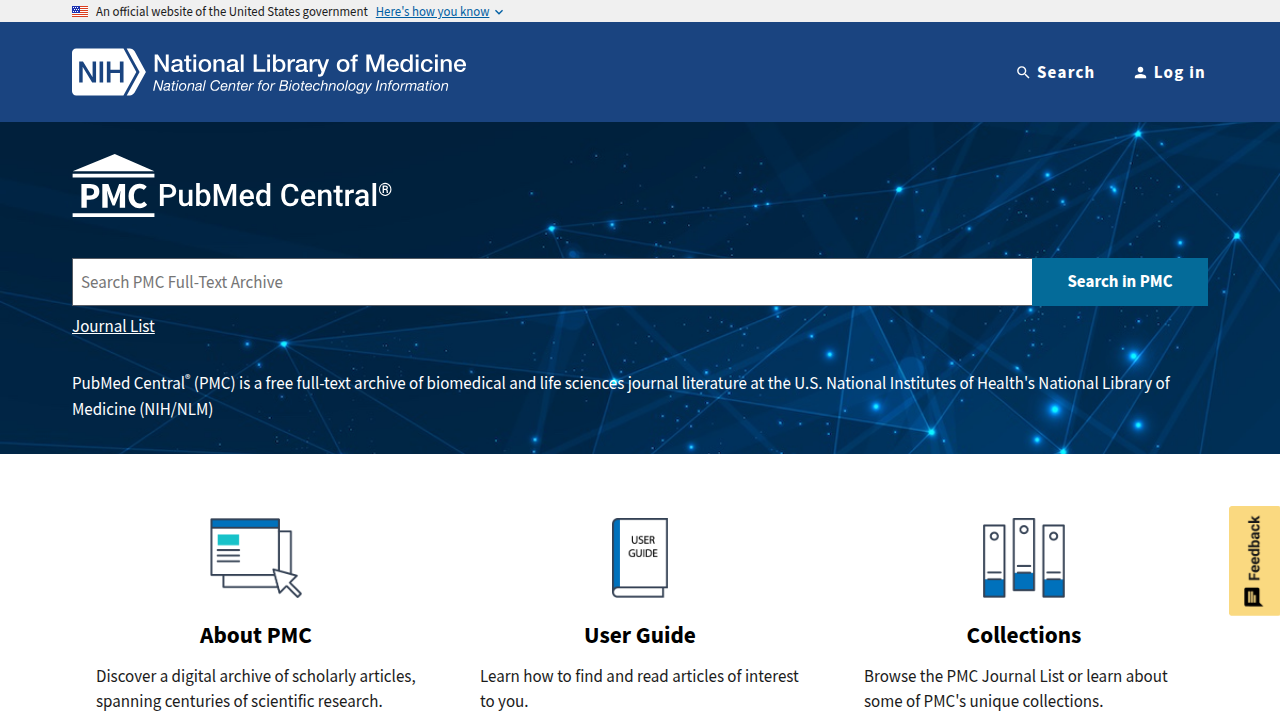 Screenshot of the PubMed Central (PMC) homepage, an archive of biomedical and life sciences journal literature, showing another resource for scientific evidence.