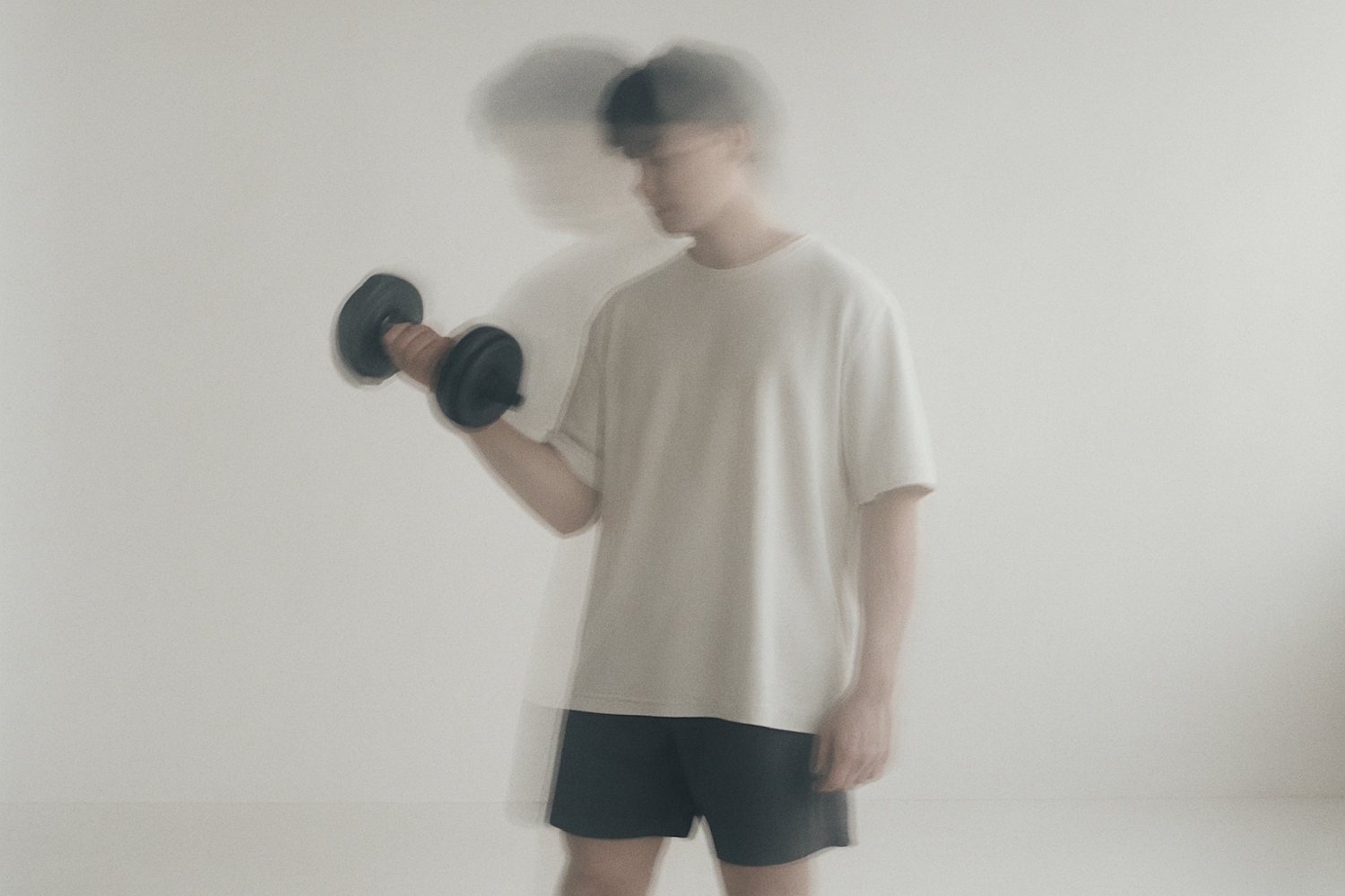 An individual assesses the availability and quality of free weights and functional space crucial for strength training.