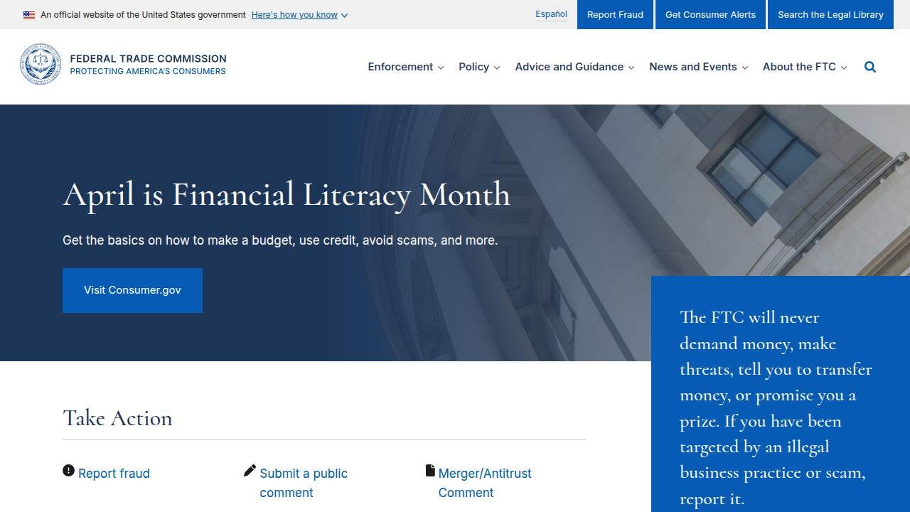 The official homepage of the Federal Trade Commission, a key resource for consumer protection information.