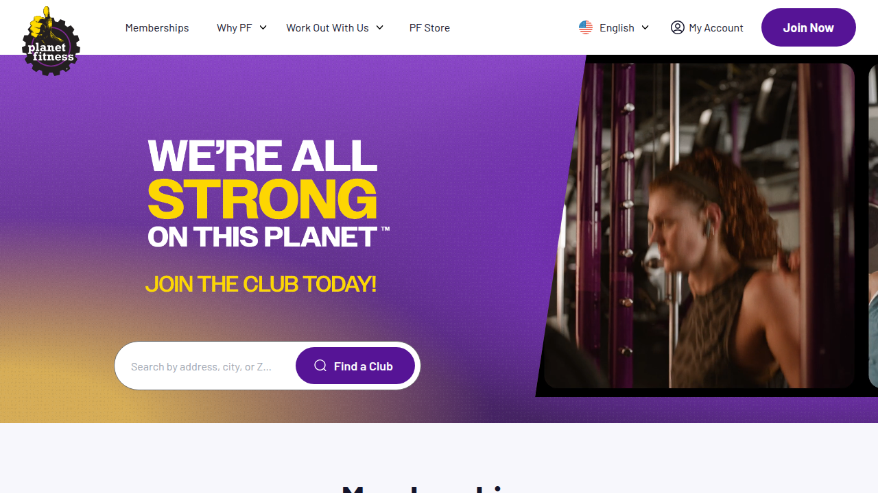 The official homepage for Planet Fitness, known for its budget-friendly membership options.