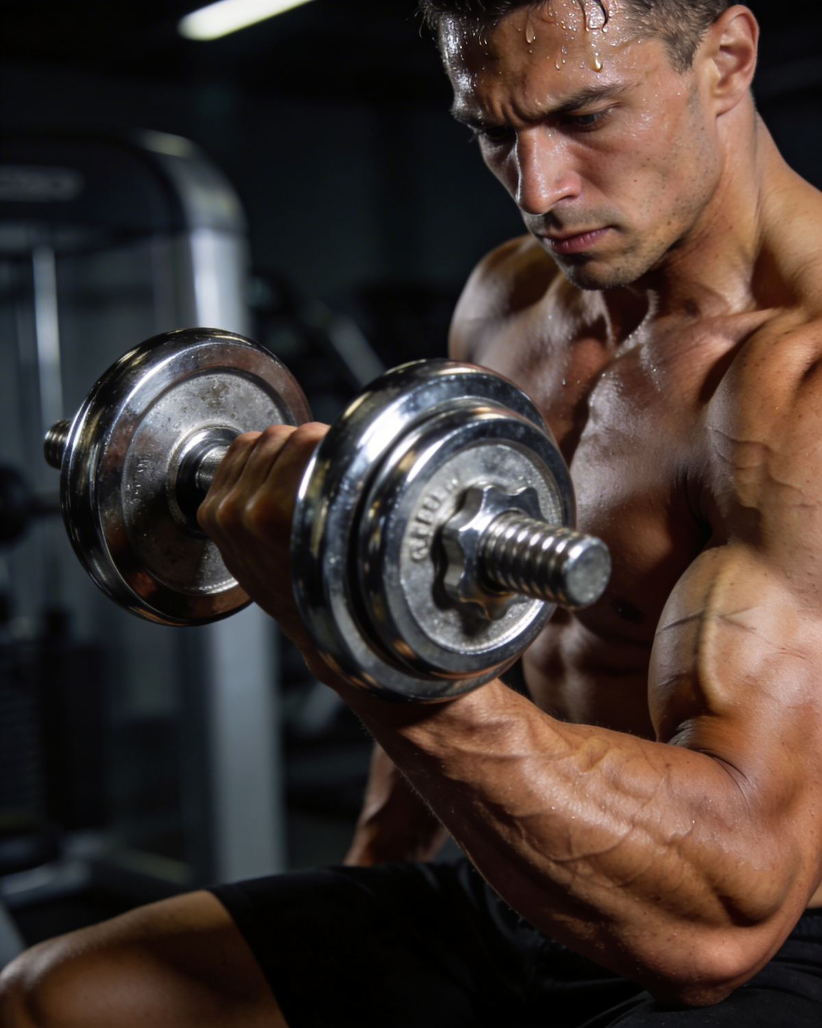 A man performing a dumbbell curl with a controlled, slow eccentric (lowering) phase, emphasizing time under tension.