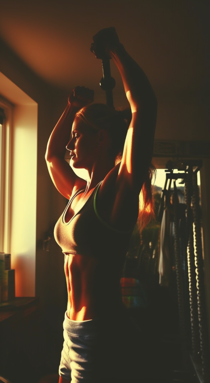 A woman performing hammer curls with a neutral grip, targeting the brachialis and brachioradialis for overall arm thickness.
