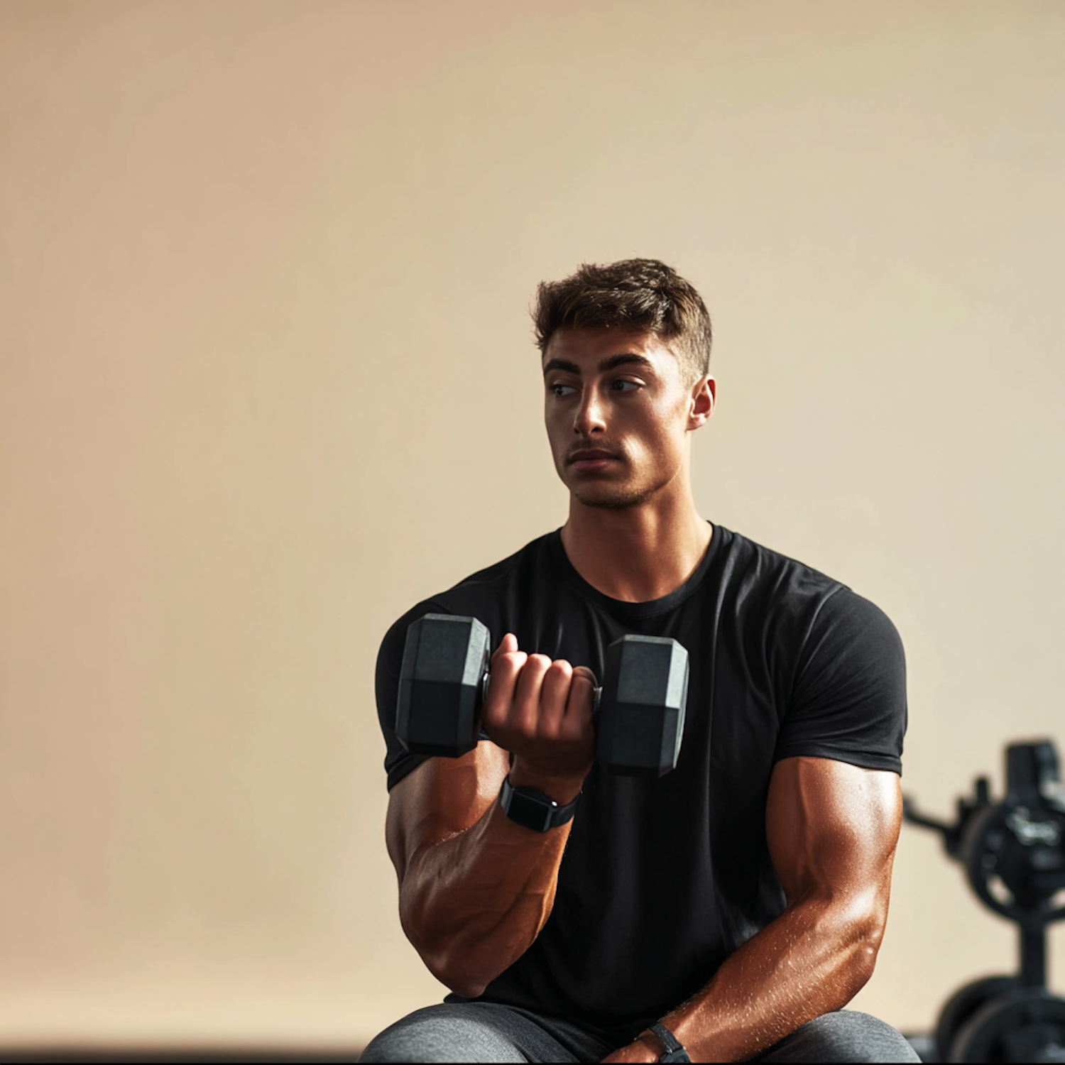 A man using excessive momentum and swinging his back to lift a dumbbell, demonstrating poor curl form.