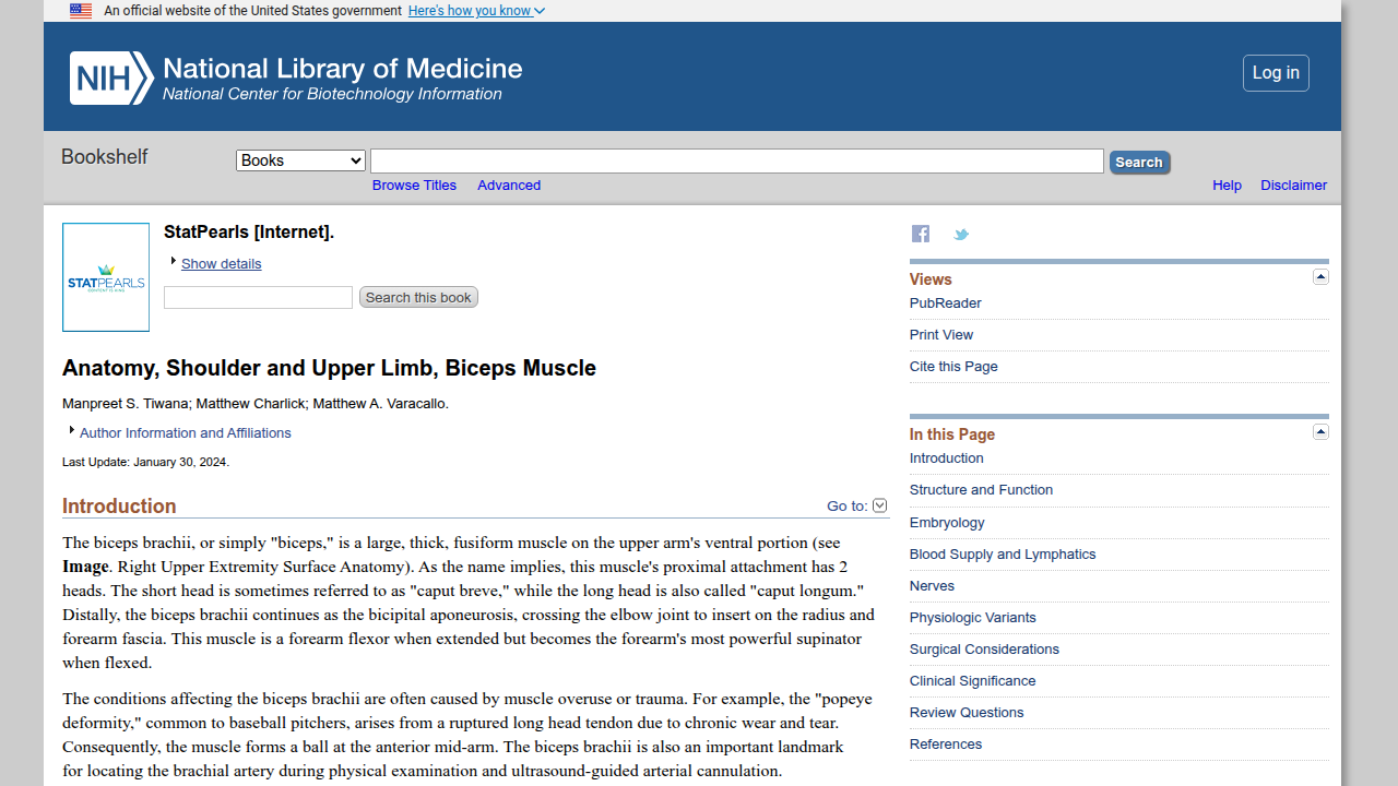A screenshot of the NCBI Bookshelf entry for Biceps Brachii, providing anatomical details and research context.