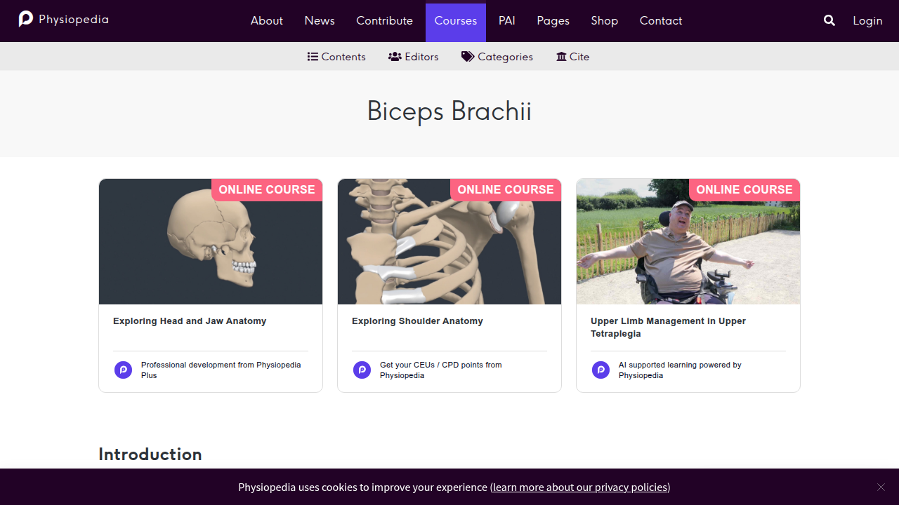 A screenshot of the Physiopedia page for Biceps Brachii, a resource on muscle anatomy and function for physical therapy.