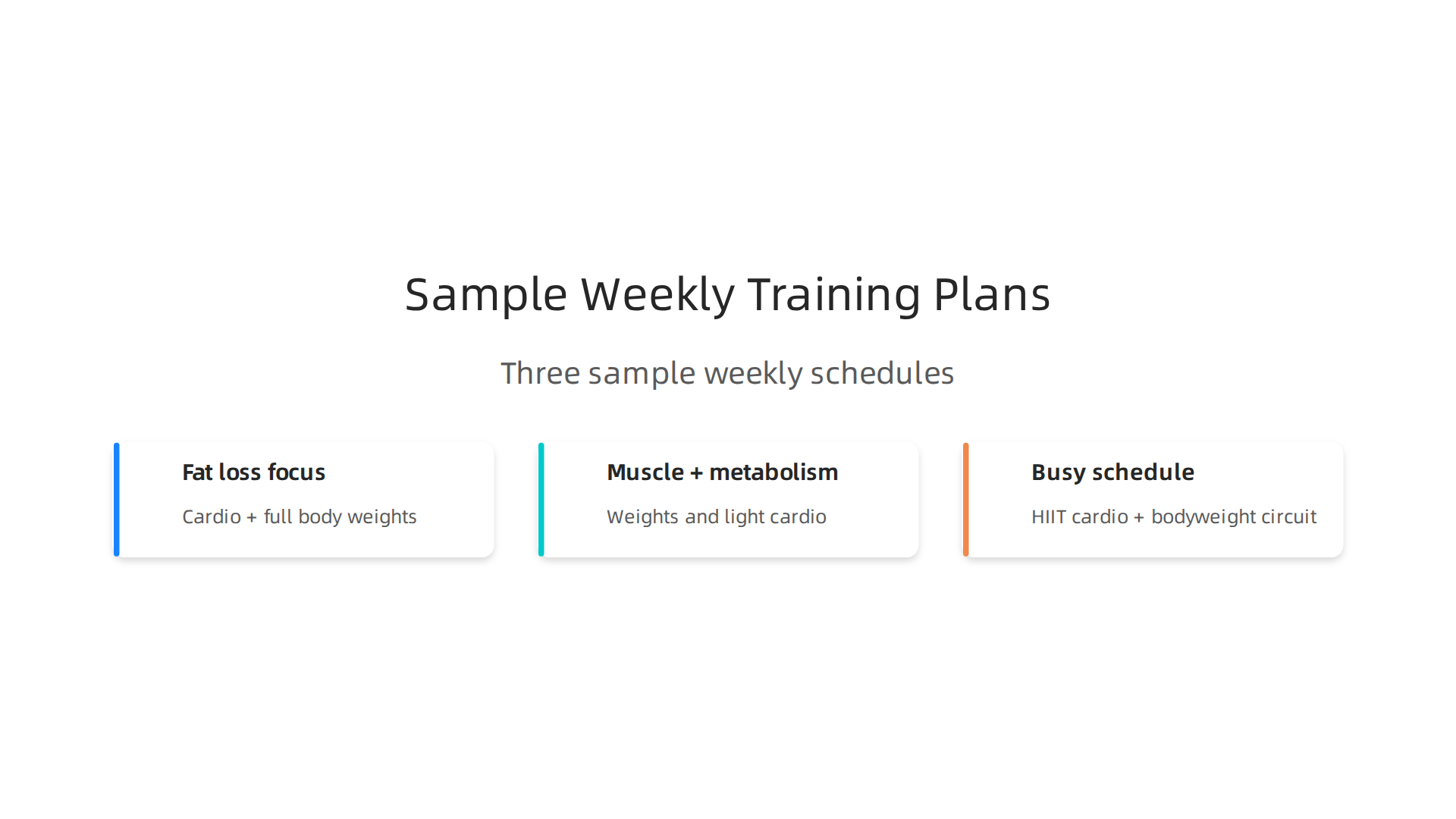 Three sample weekly schedules that effectively combine aerobic and weight training to suit different lifestyles and goals.