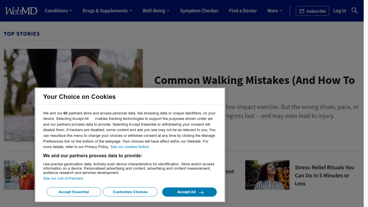 The homepage of WebMD, a widely recognized platform for health information, medication interactions, and side effects.